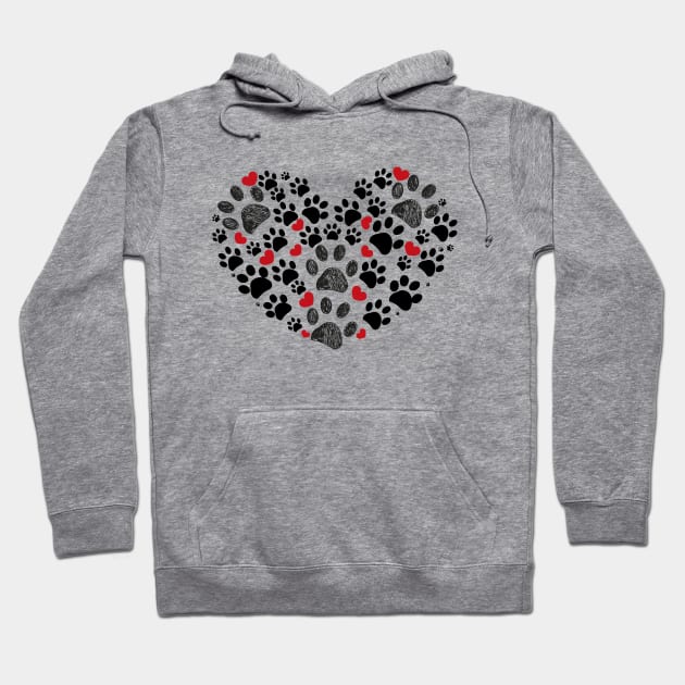Black and red doodle dog paw print made of heart Hoodie by GULSENGUNEL